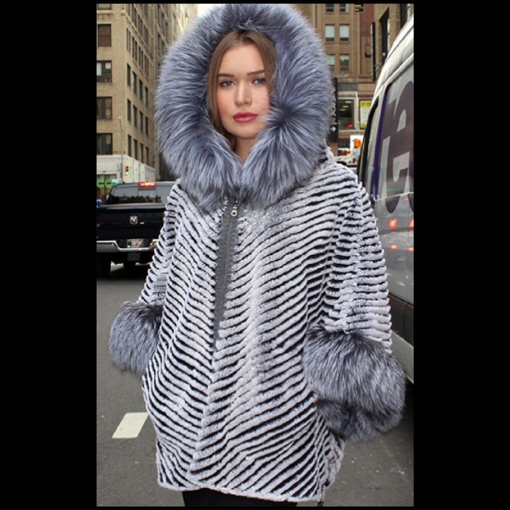 Rex Rabbit Fur Poncho Silver Fox Fur Trim Hood